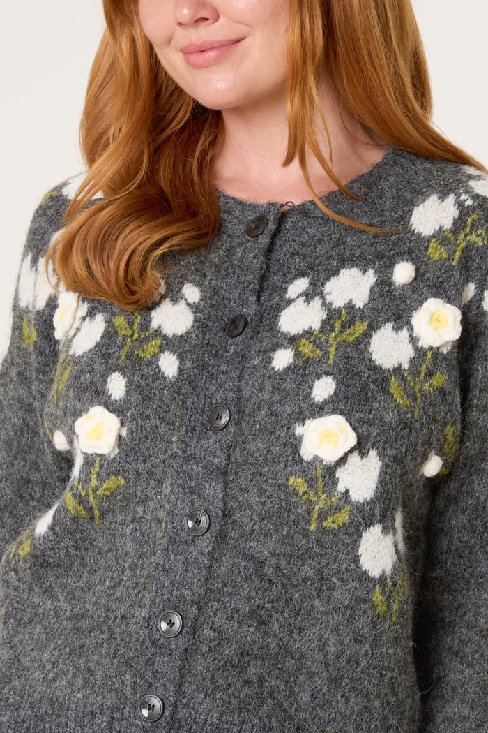 Grey Embroidered Floral Cardigan