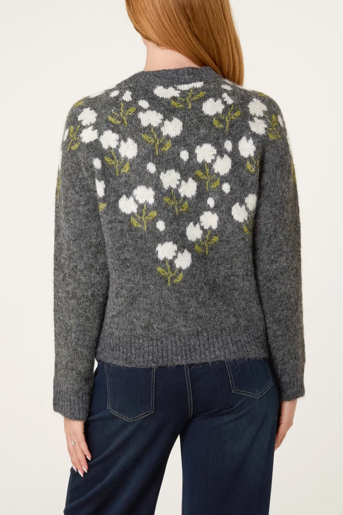 Grey Embroidered Floral Cardigan