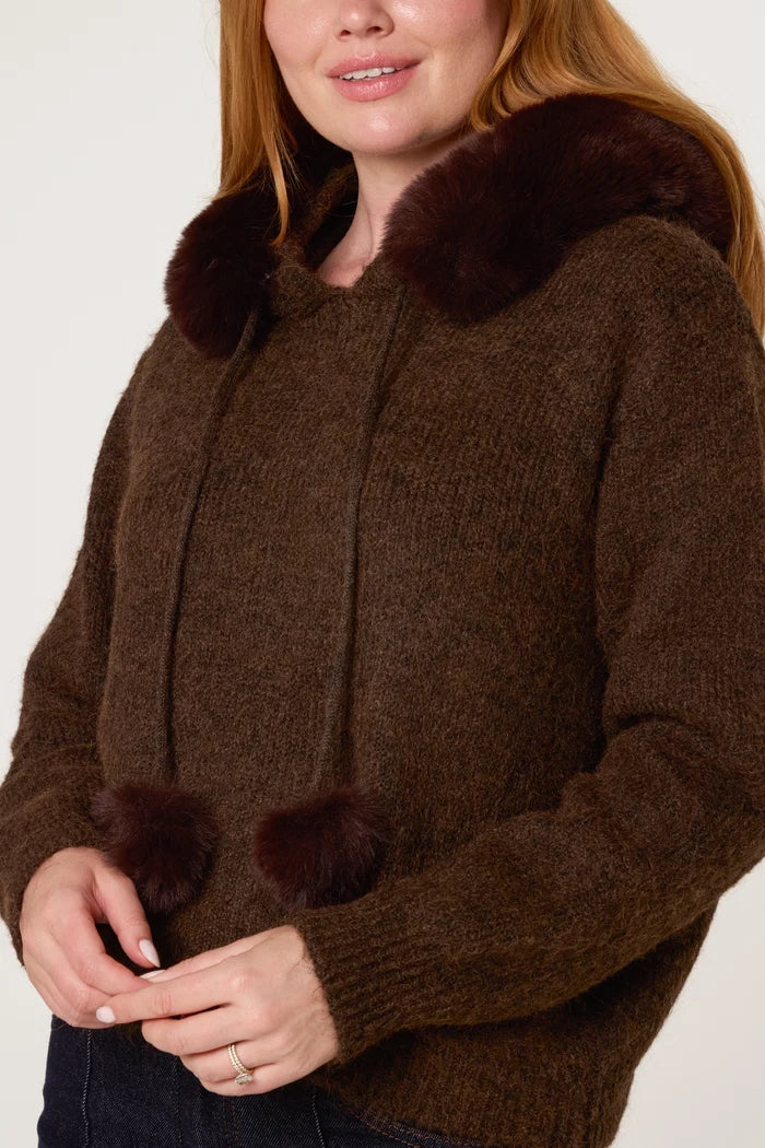 Coffee Faux Fur Hooded Jumper